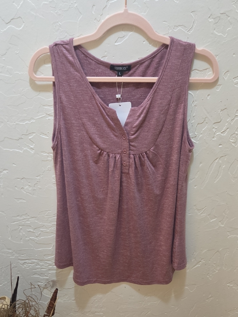 Mauve Henley Tank Top - Sleeveless Gathered Front